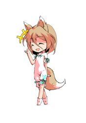 Rule 34 | 1girl, animal ears, blonde hair, bow, breasts, chibi, closed eyes, dairi, fox ears, fox tail, full body, green bow, hair between eyes, hand up, jumpsuit, kudamaki tsukasa, open mouth, short hair, short sleeves, simple background, small breasts, smile, socks, solo, standing, tachi-e, tail, test tube, touhou, transparent background, white background, white jumpsuit, white sleeves, white socks
