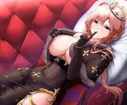 Rule 34 | 1girl, absurdres, areola slip, argyle cape, argyle clothes, azur lane, black cape, black dress, black gloves, breasts, brown hair, cape, cape lift, cleavage, clemenceau (azur lane), commentary, couch, covered navel, cross, crown, dress, elbow gloves, english commentary, fur trim, gloves, hair between eyes, highres, hip vent, index finger raised, large breasts, long dress, long hair, looking at viewer, lying, musanix, on back, on couch, parted lips, pillow, red eyes, shadow, sidelocks, signature, single bare shoulder, smile, solo, teasing, tight clothes, tight dress, two-sided cape, two-sided fabric, two-tone cape, wristlet