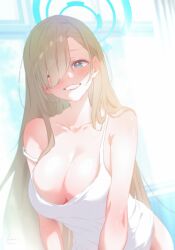 Rule 34 | 1girl, asuna (blue archive), bare shoulders, blue archive, blue eyes, blue halo, breasts, brown hair, cleavage, collarbone, commentary request, grin, hair over one eye, halo, highres, itsk ne, large breasts, long hair, looking at viewer, off shoulder, single off shoulder, smile, solo, tank top, white tank top