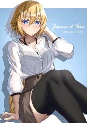 Rule 34 | 1girl, absurdres, alternate costume, black thighhighs, blonde hair, blue eyes, blush, braid, braided ponytail, brown skirt, character name, closed mouth, collarbone, copyright name, dress shirt, fate/apocrypha, fate/grand order, fate (series), hair between eyes, hand in own hair, highres, jeanne d&#039;arc (fate), jeanne d&#039;arc (ruler) (fate), long hair, long sleeves, miniskirt, ponytail, shirt, sitting, skirt, smile, solo, thighhighs, toukan, very long hair, white shirt, zettai ryouiki