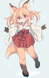Rule 34 | 1girl, :3, ahoge, animal ear fluff, animal ears, blonde hair, blouse, breasts, detached sleeves, fox ears, fox girl, fox tail, full body, furry, furry female, hakama, hakama skirt, highres, japanese clothes, long hair, miko, miniskirt, original, outstretched arms, pink eyes, red skirt, saigi, sandals, shirt, skirt, smile, solo, tail, thighs, twintails, white shirt, white sleeves