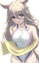 Rule 34 | 1girl, alternate costume, bare shoulders, blush, breasts, chestnut mouth, commentary request, cowboy shot, gradient eyes, grey hair, hair between eyes, highres, holding, holding towel, long hair, looking at viewer, medium breasts, multicolored eyes, multicolored hair, one-piece swimsuit, open mouth, pataneet, simple background, solo, streaked hair, swimsuit, towel, umamusume, white background, white hair, white one-piece swimsuit, wonder acute (umamusume), yellow towel