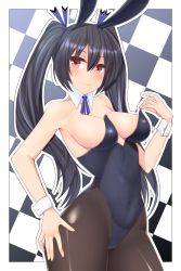 Rule 34 | 1girl, alternate costume, animal ears, areola slip, armpits, black hair, black pantyhose, blush, breasts, breasts apart, checkered background, choujigen game neptune, cowboy shot, detached collar, detached sleeves, dura, fake animal ears, from side, gradient background, hair between eyes, hand on own thigh, highres, kami jigen game neptune v, leotard, long hair, looking at viewer, medium breasts, narrow waist, neptune (series), no bra, noire (neptunia), outside border, pantyhose, parted bangs, playboy bunny, rabbit ears, red eyes, smile, solo, standing, thighs