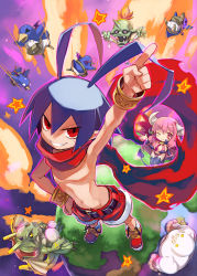 Rule 34 | antenna hair, arm up, belt, blue hair, bracelet, demon girl, demon horns, demon tail, demon wings, disgaea, dragon, golem, grin, hand on own hip, highres, horns, index finger raised, jewelry, laharl, long hair, looking at viewer, navel, necktie, official art, one eye closed, pink eyes, pink hair, planet, pointy ears, prinny, red eyes, scarf, topless male, shorts, single horn, smile, standing, star (symbol), demon girl, succubus (disgaea), tail, thighhighs, wings, zombie
