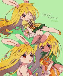 Rule 34 | 1girl, animal ears, blonde hair, blush, bow, bowtie, brown eyes, cape, carrot (one piece), chibi, claws, commentary request, cross-laced clothes, cross-laced dress, dress, floating hair, green background, green cape, green dress, highres, long hair, looking at viewer, looking to the side, multiple views, one eye closed, one piece, orange dress, pink bow, pink bowtie, puffy short sleeves, puffy sleeves, rabbit ears, rabbit girl, rabbit tail, short sleeves, smile, tail, tokuura, twitter username
