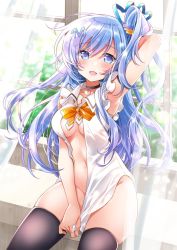 Rule 34 | 1girl, :d, arm up, armband, armpits, bare arms, black choker, black thighhighs, blue eyes, blue hair, blush, breasts, choker, cleavage, collared shirt, curtains, emori miku, hair ornament, hair ribbon, hairclip, heart, kawanobe, liver city, long hair, looking at viewer, medium breasts, naked shirt, navel, neck ribbon, one side up, open clothes, open mouth, open shirt, orange ribbon, ribbon, shirt, sitting, skindentation, sleeveless, sleeveless shirt, smile, solo, sparkle, thighhighs, white shirt, window