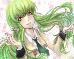 Rule 34 | 1girl, blush, bow, c.c., code geass, eyelashes, female focus, green hair, hair bow, hands up, lips, long hair, long sleeves, looking at viewer, necktie, nose, parted lips, ribbon, school uniform, sleeve cuffs, smile, solo, twintails, uniform, white ribbon, yellow eyes, yzlmn