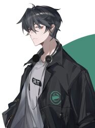 Rule 34 | 1boy, absurdres, alternate costume, black hair, black jacket, blue eyes, closed mouth, dan heng (honkai: star rail), ear piercing, english text, eyeliner, green background, grey shirt, hands in pockets, headphones, headphones around neck, highres, honkai: star rail, honkai (series), jacket, logo, looking at viewer, makeup, male focus, open clothes, open jacket, piercing, red eyeliner, rongyishoushan2, shirt, short hair, simple background, solo, two-tone background, upper body, white background