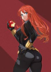 Rule 34 | 1girl, :i, animification, apple, artist name, ass, avengers (series), belt, bite mark, black bodysuit, black widow, blue eyes, bodysuit, breasts, catsuit, commentary, eating, english commentary, food, from behind, fruit, hand on own hip, highres, holding, holding food, holding fruit, jun (navigavi), long hair, looking at viewer, looking back, marvel, natasha romanoff, red hair, signature, solo