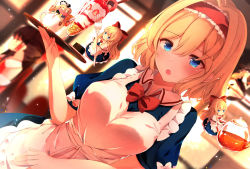 Rule 34 | 2girls, alice margatroid, apron, blonde hair, blue dress, blue eyes, bow, bowtie, breasts, brown hair, character doll, commentary, cup, dress, dutch angle, fork, frilled hairband, frills, hair bow, hairband, hakurei reimu, holding, holding fork, holding tray, indoors, kirisame marisa, long hair, medium breasts, mug, multiple girls, open mouth, parfait, paw print, paw print pattern, red bow, red hairband, red neckwear, shanghai doll, shangurira, short hair, short sleeves, teapot, touhou, tray, upper body, waitress, white bow