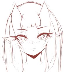 Rule 34 | 1girl, blunt bangs, blush, borrowed character, closed mouth, demon girl, female focus, fir3born, freckles, half-closed eyes, happy, horns, looking at viewer, meruccubus (merunyaa), mole, mole under eye, monochrome, original, pointy ears, portrait, sidelocks, simple background, sketch, smile, solo, straight-on, white background