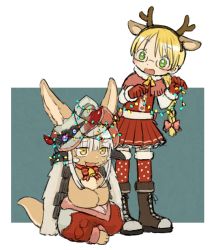 Rule 34 | 1girl, 1other, alternate costume, alternate hairstyle, androgynous, bad id, bad twitter id, blonde hair, blush, boots, bow, braid, brown footwear, christmas lights, cross-laced footwear, furry, glasses, green eyes, highres, kawasemi27, lace-up boots, looking at another, made in abyss, nanachi (made in abyss), open mouth, red bow, red skirt, red thighhighs, riko (made in abyss), skirt, smile, thighhighs, white hair, yellow eyes