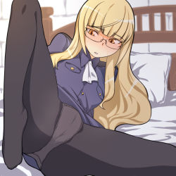 Rule 34 | 1girl, annosada, bad id, bad pixiv id, bed, blonde hair, blush, cameltoe, feet, glasses, long hair, military, military uniform, open mouth, panties, panties under pantyhose, pantyhose, perrine h. clostermann, solo, spread legs, strike witches, sweatdrop, underwear, uniform, world witches series, yellow eyes