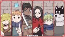 Rule 34 | 2girls, armor, artist name, black hair, blonde hair, blue eyes, blue scarf, border, braid, brick wall, brown eyes, capelet, closed mouth, column lineup, dark-skinned male, dark skin, dia (dungeon meshi), dog, dungeon meshi, dwarf, fingerless gloves, furry, furry male, gloves, gnome, green eyes, hair over shoulder, halfling, highres, holding, holding staff, holding sword, holding weapon, holm kranom, hydrokinesis, kabru, korean commentary, kuro (dungeon meshi), leather armor, long hair, looking at viewer, mickbell tomas, multiple girls, nazeondo, orange hair, parted lips, pixel art, plate armor, red border, red capelet, rin (dungeon meshi), scarf, short hair, smile, staff, sword, twin braids, twintails, upper body, water, weapon