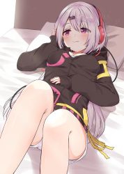 Rule 34 | 1girl, absurdres, arm up, bed sheet, black jacket, blush, breasts, closed mouth, collarbone, commentary request, feet out of frame, hair between eyes, hair ornament, hand on headphones, head tilt, headphones, highres, hood, hood down, hooded jacket, jacket, long hair, long sleeves, lying, nijisanji, on back, pillow, purple eyes, racchi., shiina yuika, shiina yuika (2nd costume), short shorts, shorts, silver hair, sleeves past wrists, small breasts, smile, solo, very long hair, virtual youtuber, white shorts