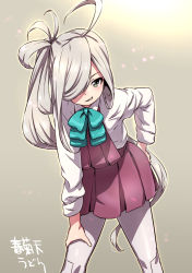 Rule 34 | 1girl, artist name, asashimo (kancolle), bow, bowtie, dress, green eyes, grey background, grey hair, grey pantyhose, hair over one eye, halterneck, hand on own ass, kantai collection, long hair, looking at viewer, low twintails, pantyhose, ponytail, school uniform, shirt, shungikuten, sleeveless, sleeveless dress, twintails, white shirt