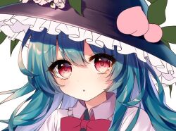 Rule 34 | 1girl, black headwear, blue hair, bow, bowtie, commentary, food, frilled hairband, frills, fruit, hairband, hinanawi tenshi, leaf, long hair, looking at viewer, open mouth, peach, pudding (skymint 028), red bow, red bowtie, red eyes, simple background, solo, touhou, upper body, white background