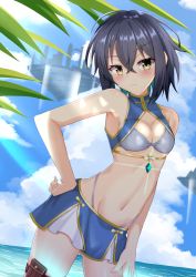 Rule 34 | &gt;:(, 1girl, bare arms, bare shoulders, black hair, blush, bow, breasts, cleavage, closed mouth, commentary request, day, floating island, frown, glint, green hair, hair between eyes, hand on own hip, highres, horizon, iseshi, multicolored hair, ocean, original, outdoors, small breasts, solo, standing, two-tone hair, v-shaped eyebrows, water, waterfall, white bow, yellow eyes