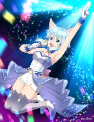 Rule 34 | 1girl, :d, absurdres, animal ear fluff, animal ears, arm up, armpits, blue eyes, blue hair, bow, breasts, cat ears, cat girl, frilled footwear, full body, gloves, grey thighhighs, hair between eyes, hair bow, hair ornament, highres, holding, holding microphone, idol, index finger raised, jumping, medium breasts, microphone, midriff, music, navel, open mouth, short hair with long locks, short shorts, shorts, sidelocks, singing, sinon (sao-alo), smile, solo, stomach, strapless, sword art online, thighhighs, tu tora2, twitter username, waist cape, white gloves, white shorts, x hair ornament, yellow bow, zettai ryouiki