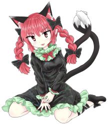 Rule 34 | 1girl, animal ears, bare legs, black bow, black dress, black footwear, bow, braid, cat ears, cat tail, chups, dress, frilled dress, frilled sleeves, frills, green frills, highres, long sleeves, looking at viewer, multiple tails, nail polish, red eyes, red hair, red nails, red neckwear, ribbon, solo, tail, tongue, tongue out, touhou, twin braids, two tails, white background