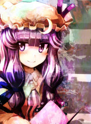 Rule 34 | 1girl, blunt bangs, blush, book, close-up, crescent, dress, female focus, hair ribbon, hat, highres, ikamagu, ikmg, long hair, patchouli knowledge, purple eyes, purple hair, ribbon, smile, solo, striped clothes, striped dress, touhou, upper body