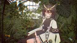 Rule 34 | 1girl, absurdres, arknights, black thighhighs, brown hair, chinese commentary, coat, commentary request, feather hair, glasses, greenhouse, highres, id card, indoors, long hair, long sleeves, looking at viewer, menthe, orange eyes, owl ears, owl girl, plant, rhine lab logo, semi-rimless eyewear, silence (arknights), single thighhigh, solo, thigh strap, thighhighs, under-rim eyewear, white coat