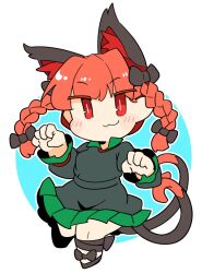 Rule 34 | 1girl, :3, animal ear fluff, animal ears, black footwear, blush, braid, cat ears, cat tail, closed mouth, dress, full body, green dress, highres, ini (inunabe00), kaenbyou rin, long hair, long sleeves, multiple tails, red eyes, red hair, shoes, smile, solo, tail, touhou, twin braids, two tails