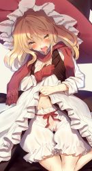 Rule 34 | 1girl, blonde hair, bloomers, blush, collared shirt, gloves, hat, heart, heart-shaped pupils, hidden star in four seasons, highres, hot, kirisame marisa, long hair, looking at viewer, navel, open clothes, open shirt, pink gloves, pink scarf, red gloves, red scarf, saliva, scarf, see-through, shirt, single glove, solo, sweat, symbol-shaped pupils, thick eyebrows, tongue, tongue out, touhou, underwear, undressing, usamata, vest, wet, wet clothes, witch hat, yellow eyes