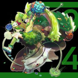 Rule 34 | 1girl, :d, absurdres, commentary, confetti, creatures (company), ferrothorn, game freak, gen 5 pokemon, gen 8 pokemon, grass miku (project voltage), green hair, green skirt, green socks, hair ornament, happy, hatsune miku, highres, holding, holding pom poms, legs apart, long hair, lower teeth only, majyo (witch poke), nintendo, open mouth, outstretched arms, pokemon, pokemon (creature), pom pom (cheerleading), pom poms, project voltage, rillaboom, shirt, shoes, sidelocks, skirt, smile, socks, symbol-only commentary, teeth, tongue, twintails, vocaloid, x hair ornament, yellow shirt
