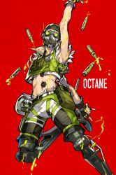 Rule 34 | 1boy, abs, animification, apex legends, arm up, black gloves, black headwear, bullet, bulletproof vest, commentary request, cropped vest, gas mask, gloves, goggles, green vest, highres, holding, holding syringe, ink, jumping, male focus, mask, mechanical legs, midriff, mika pikazo, mouth mask, octane (apex legends), official art, red background, shorts, simple background, solo, syringe, thighs, vest, white shorts