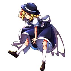 Rule 34 | &gt;:), 1girl, arm up, baba (baba seimaijo), black hat, black skirt, black vest, blonde hair, bow, brown footwear, closed mouth, fedora, full body, hand on headwear, hat, hat bow, hat ribbon, highres, kneehighs, leaning forward, loafers, long skirt, looking at viewer, puffy short sleeves, puffy sleeves, ribbon, shirt, shoes, short hair, short sleeves, skirt, socks, solo, touhou, touhou (pc-98), transparent background, v-shaped eyebrows, vest, white bow, white shirt, white socks, yellow eyes, yuki (touhou)