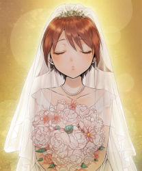 Rule 34 | 1girl, bad id, bad pixiv id, bouquet, bridal veil, bride, brown hair, closed eyes, dress, flower, hair ornament, incoming kiss, jewelry, miyafuji yoshika, necklace, pearl necklace, rose, short hair, solo, strike witches, totonii (totogoya), veil, wedding, wedding dress, world witches series