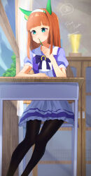 Rule 34 | 1girl, absurdres, animal ears, black pantyhose, blue eyes, bookshelf, bow, character name, commentary request, desk, ear covers, ear ornament, feet out of frame, gorioshi0802, hairband, highres, hime cut, holding, holding pencil, horse ears, horse girl, indoors, long hair, on chair, pantyhose, pencil, pencil to face, petticoat, puffy short sleeves, puffy sleeves, purple bow, purple shirt, sailor collar, school desk, school uniform, shirt, short sleeves, silence suzuka (umamusume), sitting, skirt, solo, spoken squiggle, squiggle, summer uniform, tracen school uniform, trophy, twitter username, umamusume, white hairband, white skirt, window
