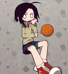 Rule 34 | 1girl, ahoge, artist name, ball, basketball (object), black hair, black skirt, blue shorts, blush stickers, commission, commissioner name, funamusea, funamusea (artist), grabbing own arm, green shirt, grey background, hand on own cheek, hand on own face, highres, official art, pensive, pleated skirt, red footwear, school uniform, shirt, shoes, short hair, shorts, skeb commission, skirt, solo, tomboy, white eyes, yahata tomoe