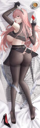 Rule 34 | 1girl, absurdres, bad id, bad pixiv id, black footwear, blush, breasts, brown pantyhose, dakimakura (medium), eyebrows, eyelashes, female focus, from above, from behind, full body, girls&#039; frontline, girls&#039; frontline neural cloud, half-closed eyes, high heels, highres, large breasts, long hair, looking at viewer, looking back, lying, on stomach, open mouth, pantyhose, patent heels, persica (girls&#039; frontline), pink eyes, pink hair, pumps, roundschen, shirt, shoes, unworn shoes, single shoe, skirt, sleeveless, sleeveless shirt, solo, stiletto heels, tears, thighband pantyhose, very long hair