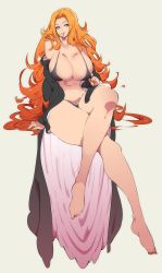 Rule 34 | 1girl, absurdres, adapted costume, bare legs, barefoot, bikini, bikini in mouth, black bikini, bleach, breasts, cleavage, clothes in mouth, crossed legs, curly hair, curvy, eyelashes, full body, grey background, grin, haori, highres, invisible chair, japanese clothes, large breasts, lips, long hair, looking at viewer, matsumoto rangiku, mole, mole under eye, mouth hold, nac000, nail polish, navel, off shoulder, open clothes, orange hair, orange nails, parted bangs, parted lips, purple eyes, sagging breasts, simple background, sitting, skindentation, smile, solo, stomach, string bikini, swimsuit, thighs, toenail polish, toenails