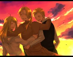 Rule 34 | 00s, 1girl, 2boys, alphonse elric, bad id, bad pixiv id, blonde hair, braid, closed eyes, earrings, edward elric, formal, fullmetal alchemist, hand on shoulder, jacket, jewelry, letterboxed, long hair, looking back, multiple boys, open mouth, pocky1202, ponytail, smile, sunset, winry rockbell