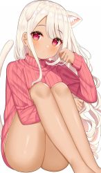 Rule 34 | 1girl, animal ear fluff, animal ears, bare legs, blush, cat ears, cat girl, cat tail, feet out of frame, hands under legs, highres, knees up, long hair, looking at viewer, mizukoshi (marumi), original, paw pose, pink eyes, pink sweater, ribbed sweater, sidelocks, sitting, solo, sweater, tail, white hair