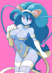 Rule 34 | 1girl, :o, absurdres, alternate hairstyle, animal ears, animal hands, antenna hair, blue hair, breasts, cat ears, cat tail, claws, cleavage, clenched hands, cosplay, cowboy shot, curvy, expressionless, fang, felicia (vampire), felicia (vampire) (cosplay), hair ornament, highres, large breasts, long hair, lucy (lucyfer), lucyfer, navel, original, pink background, red eyes, revealing clothes, shiny skin, simple background, solo, tail, thighs, vampire (game), very long hair, wide hips