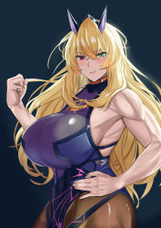 Rule 34 | 1girl, blonde hair, blush, breasts, clenched hand, barghest (fate), barghest (second ascension) (fate), fate/grand order, fate (series), green eyes, hand on own hip, heterochromia, huge breasts, long hair, muscular, muscular female, pantyhose, red eyes, sideboob, smile, yuhica