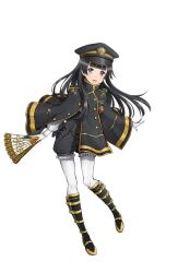 Rule 34 | 1girl, :d, arisugawa kaoru, black bow, black eyes, black footwear, black hair, black hat, boots, bow, full body, gloves, hand fan, hat, highres, long hair, looking at viewer, military, military hat, military uniform, official art, open mouth, pantyhose, princess principal, princess principal game of mission, smile, standing, transparent background, uniform, white gloves, white hair