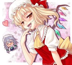 Rule 34 | 2girls, :d, blonde hair, blood, blush, braid, chibi, crystal, fangs, female focus, flandre scarlet, hat, heart, izayoi sakuya, long hair, looking at viewer, maid headdress, multiple girls, naughty face, nosebleed, o o, open mouth, red eyes, saliva, sea chicken, short hair, side ponytail, silver hair, smile, touhou, twin braids, upper body, wings