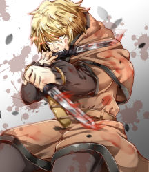 Rule 34 | 1boy, belt, blonde hair, blood, blood splatter, bloody weapon, fighting stance, highres, holding, holding knife, hood, hood down, knife, long sleeves, looking at viewer, male focus, manly, mouth hold, nakano maru, slashing, solo, splatter foreground, standing, thorfinn, vinland saga, weapon, yellow eyes