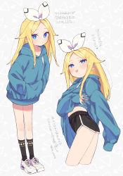 Rule 34 | 1girl, alice (moyori), black shorts, blonde hair, blue eyes, blue hoodie, commentary request, dolphin shorts, grey background, hair ribbon, highres, hood, hood down, hoodie, light blush, long hair, long sleeves, looking at viewer, moyori, multiple views, ribbon, short shorts, shorts, sleeves past wrists, teasing, tongue, tongue out, translated, white footwear