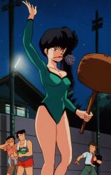Rule 34 | 1990s (style), 1girl, 3boys, arm up, bare legs, black hair, blue eyes, breasts, cleavage, green leotard, hammer, holding, holding weapon, huge weapon, kunou kodachi, leotard, long hair, looking at another, multiple boys, night, night sky, ponytail, ranma 1/2, retro artstyle, road, screencap, shiny skin, side ponytail, sky, solo, street, third-party edit, weapon, wide hips
