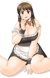 Rule 34 | 1girl, blush, breasts, brown eyes, brown hair, cleavage, female focus, katou (katohayabusa), large breasts, long hair, looking at viewer, maid, open mouth, plump, sitting, smile, solo