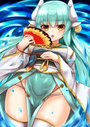 Rule 34 | 1girl, chiroshiron, earrings, fate/grand order, fate (series), floating hair, green hair, green kimono, hair between eyes, hand fan, highres, holding, holding fan, horns, japanese clothes, jewelry, kimono, kiyohime (fate), long hair, looking at viewer, obi, open mouth, sash, solo, thighhighs, very long hair, white thighhighs, yellow eyes