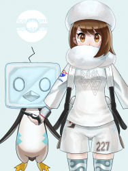 1girl, alternate costume, backpack, bag, bangs, brown eyes, brown hair, character name, commentary request, creatures (company), dynamax band, eiscue, eiscue (ice), eyelashes, game freak, gen 8 pokemon, gloria (pokemon), gloves, hat, highres, nintendo, number, partially fingerless gloves, pokemon, pokemon (creature), pokemon (game), pokemon swsh, scarf, scarf over mouth, setta shu, shorts, thighhighs, white headwear, white scarf, white shorts