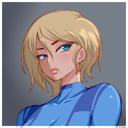 Rule 34 | 1girl, absurdres, alternate hairstyle, aqua eyes, artist name, blonde hair, blue bodysuit, bodysuit, border, closed mouth, covered collarbone, expressionless, eyelashes, grey background, hair behind ear, hair between eyes, highres, lips, looking away, metroid, mole, mole under mouth, nintendo, samus aran, short hair, simmsy, skin tight, solo, thick lips, upper body, white border, zero suit