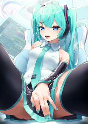 Rule 34 | 1girl, absurdres, ahoge, alternate eye color, aqua hair, aqua nails, aqua necktie, bare shoulders, between legs, black skirt, blue eyes, breasts, collared shirt, covering privates, covering crotch, detached sleeves, foreshortening, from below, hand between legs, hatsune miku, headset, highres, kinosuke (pattaba), lace, lace-trimmed shirt, lace trim, long hair, looking at viewer, medium breasts, miniskirt, nail polish, necktie, open mouth, pleated skirt, shirt, sitting, skirt, skirt hold, sleeveless, sleeveless shirt, smile, solo, thighhighs, thighs, twintails, very long hair, vocaloid, white shirt